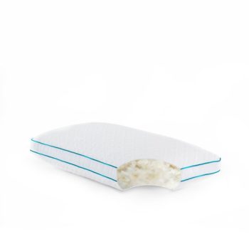 Malouf FlexFill and HyperChill pillow with turquoise piping and cutaway view of filling
